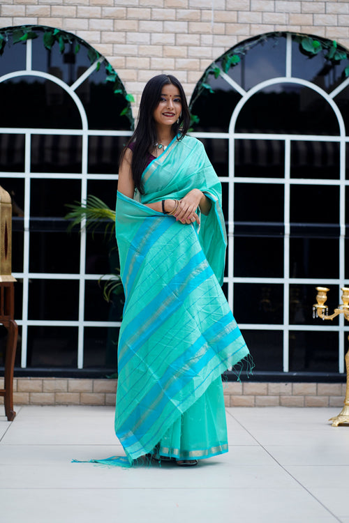 Aqua Blue Maheshwari Handloom Cotton Silk Saree