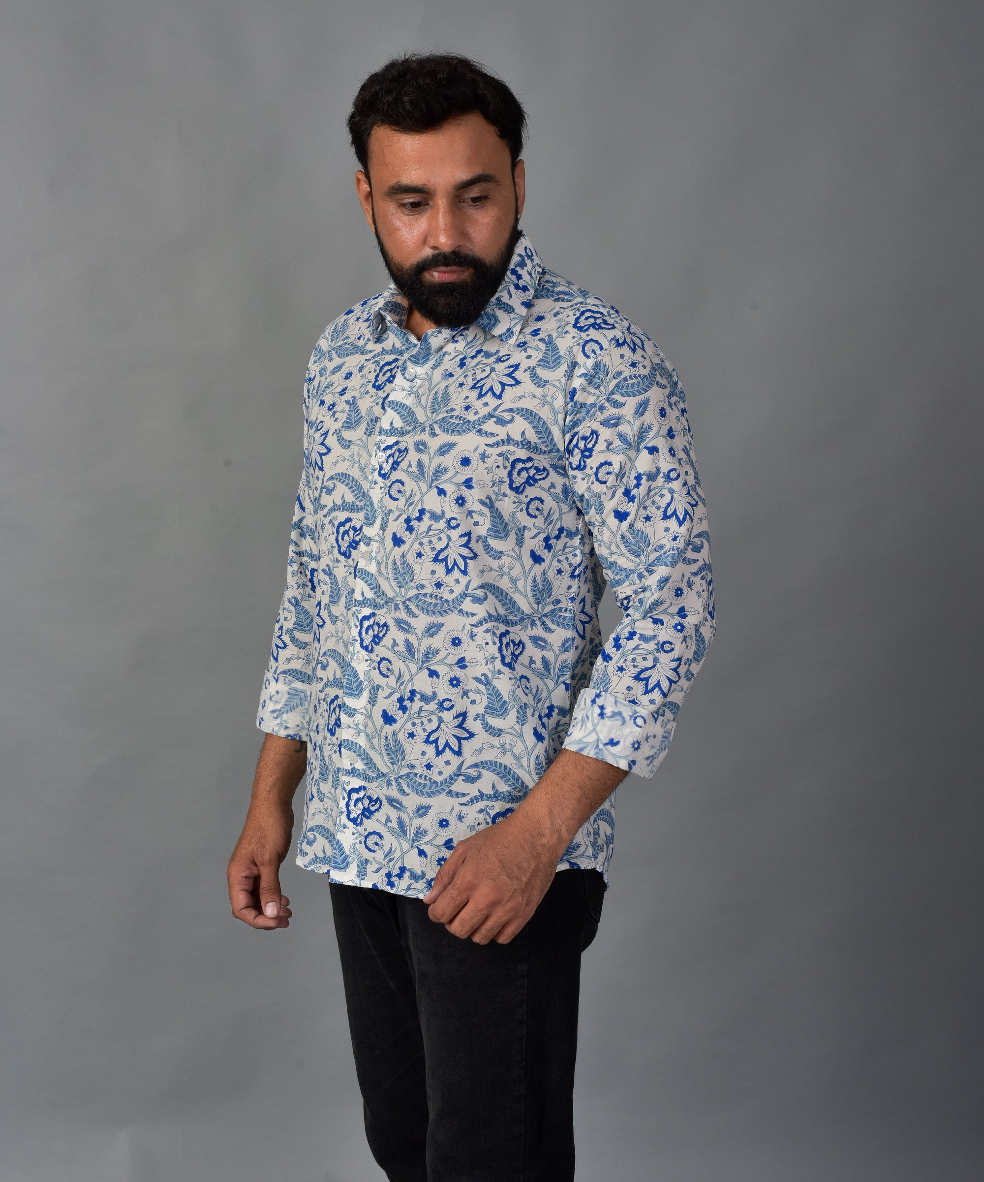 Soothing Blue Handblock Printed Shirt For Men