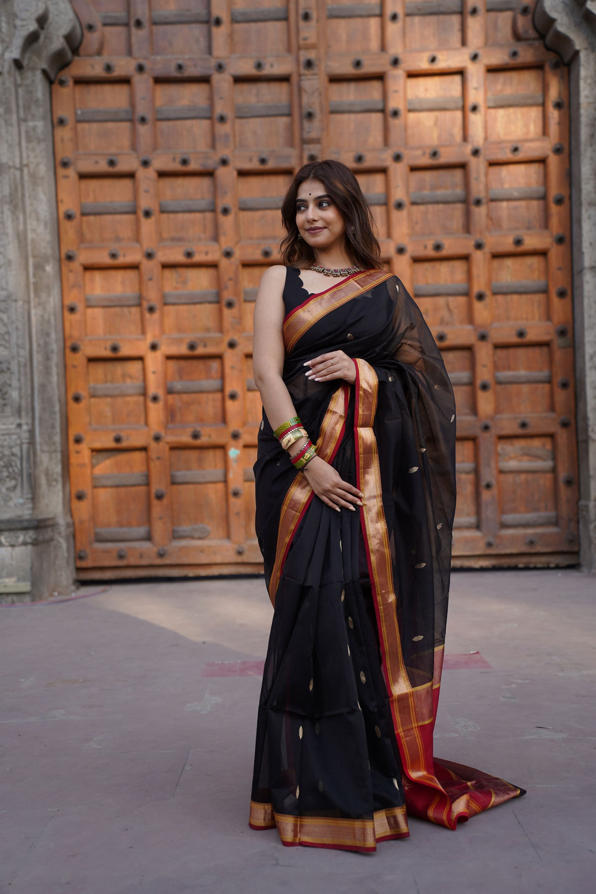 Black Maheshwari Handloom Cotton Silk Saree with Red Border