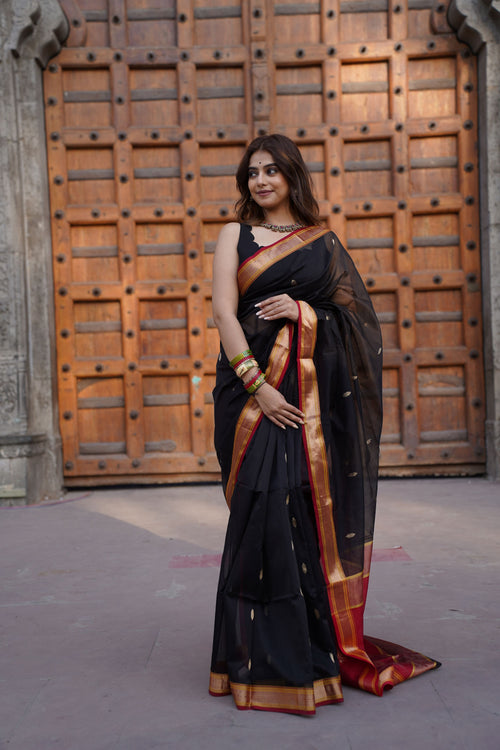 Black Maheshwari Handloom Cotton Silk Saree with Red Border