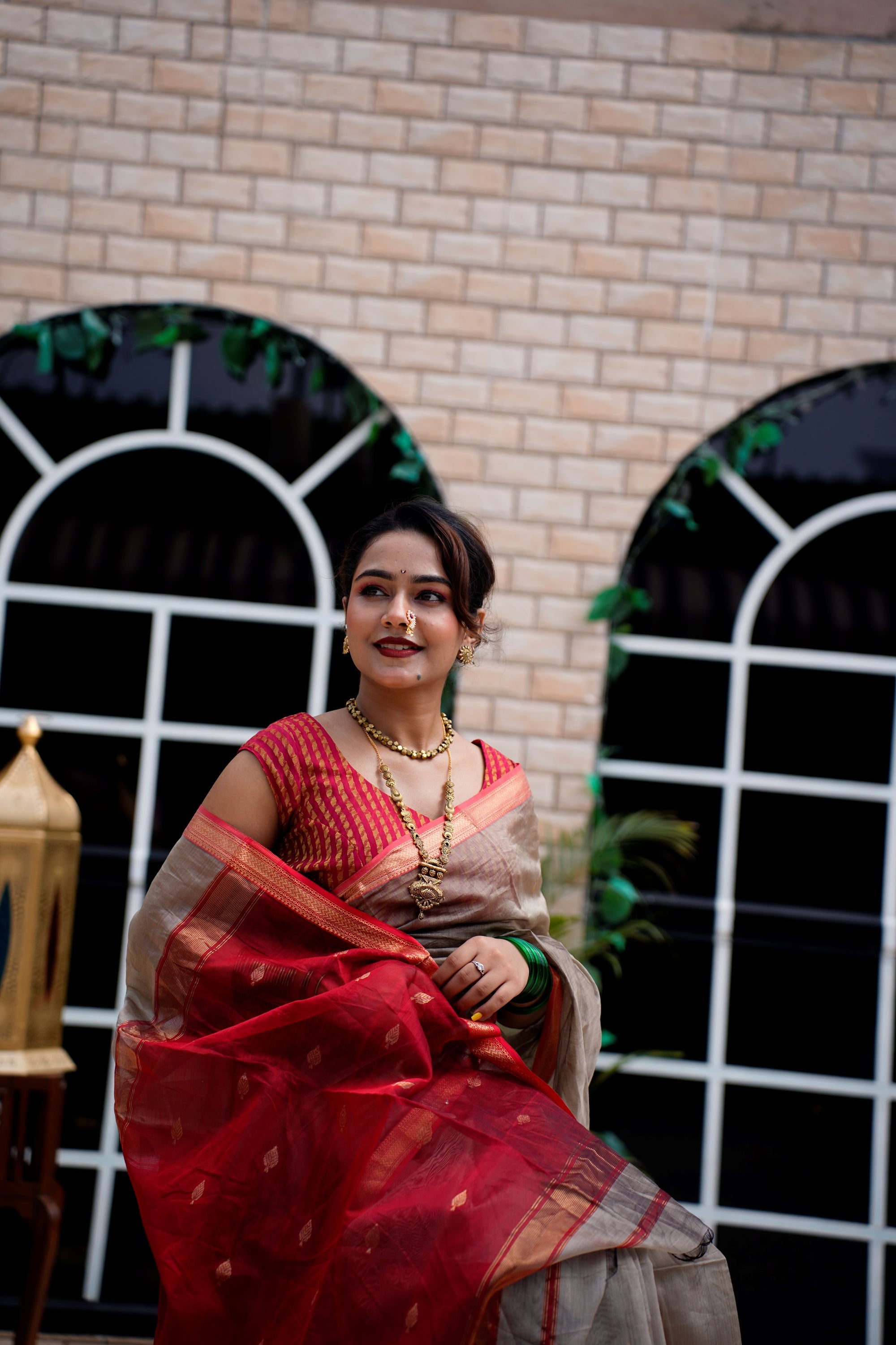Beige Maheshwari Handloom Cotton Silk Saree with Red Border