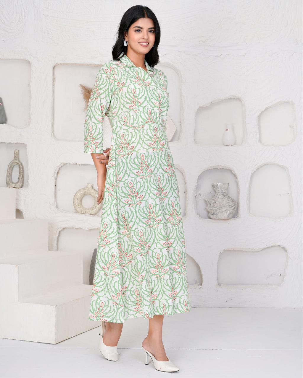 Hand Block Printed Graceful Green Dress