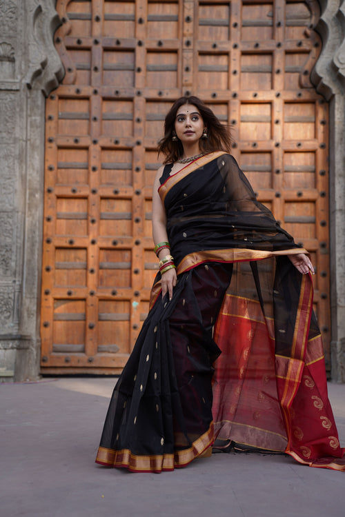 Black Maheshwari Handloom Cotton Silk Saree with Red Border