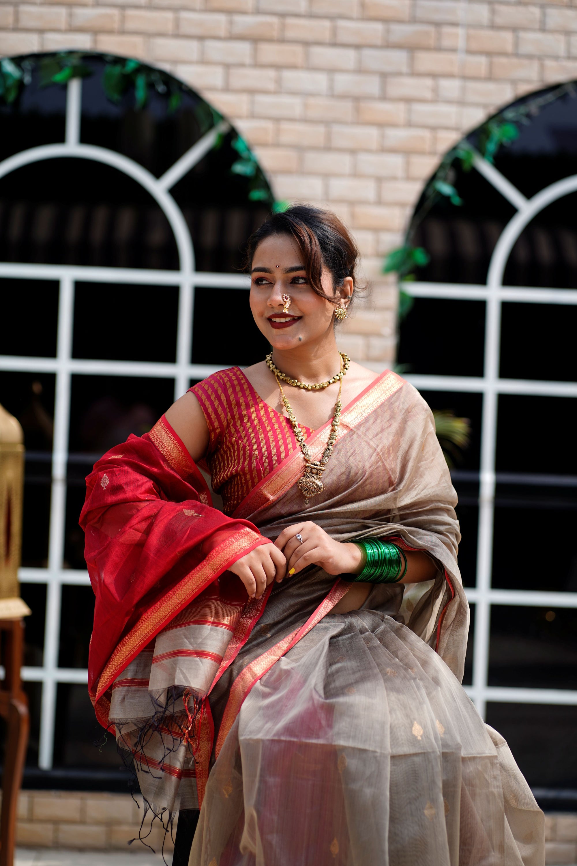 Beige Maheshwari Handloom Cotton Silk Saree with Red Border