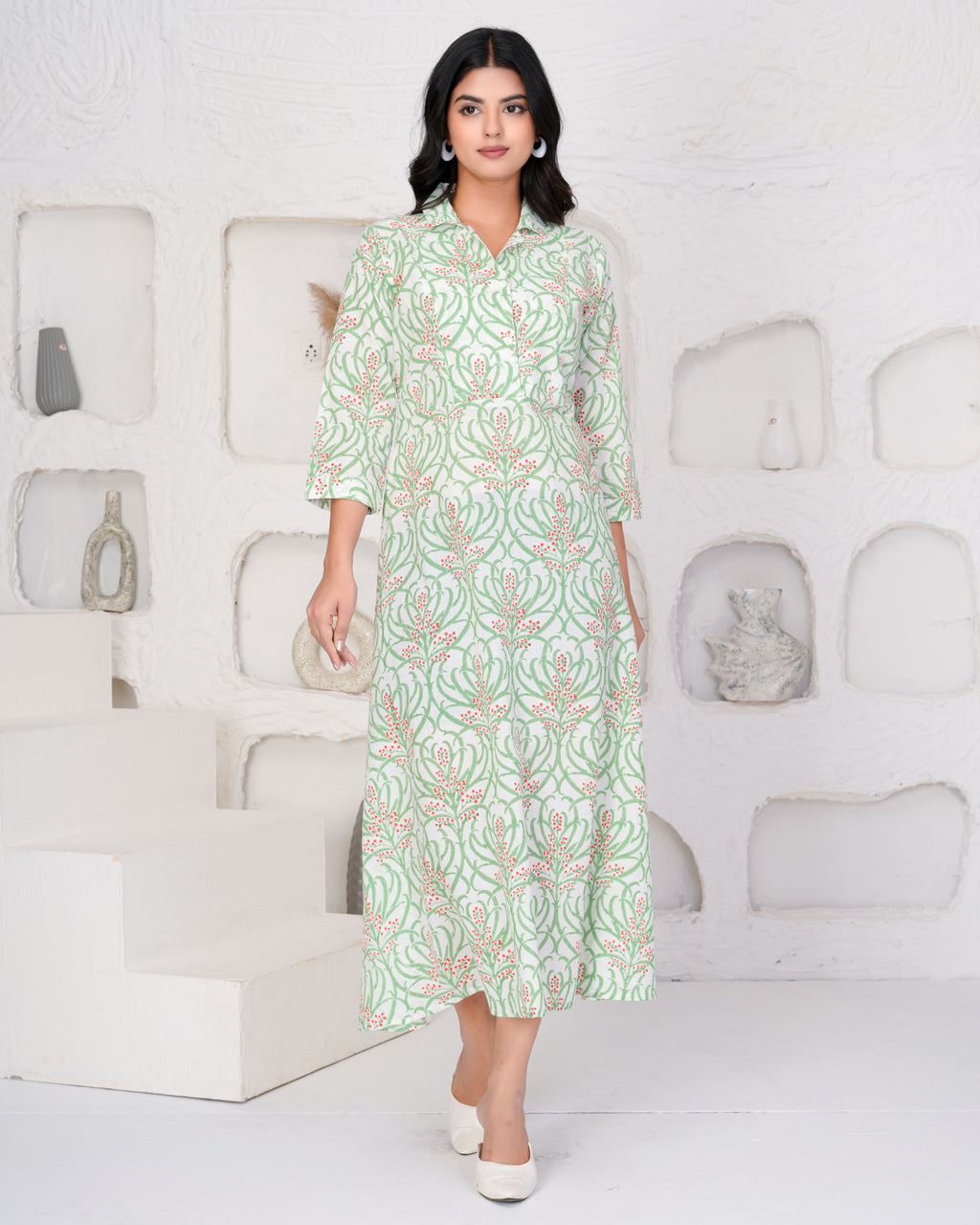 Hand Block Printed Graceful Green Dress