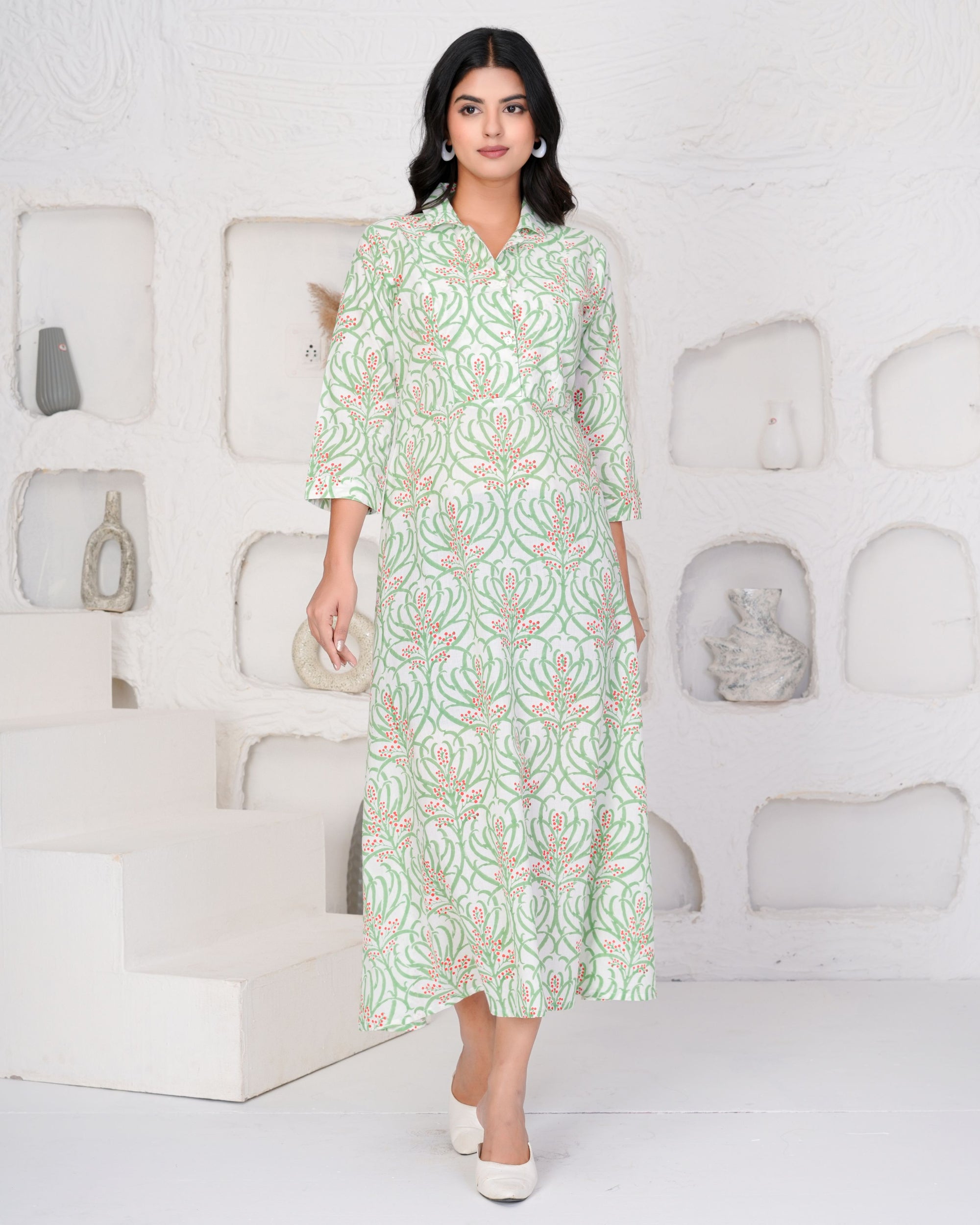 Hand Block Printed Graceful Green Dress