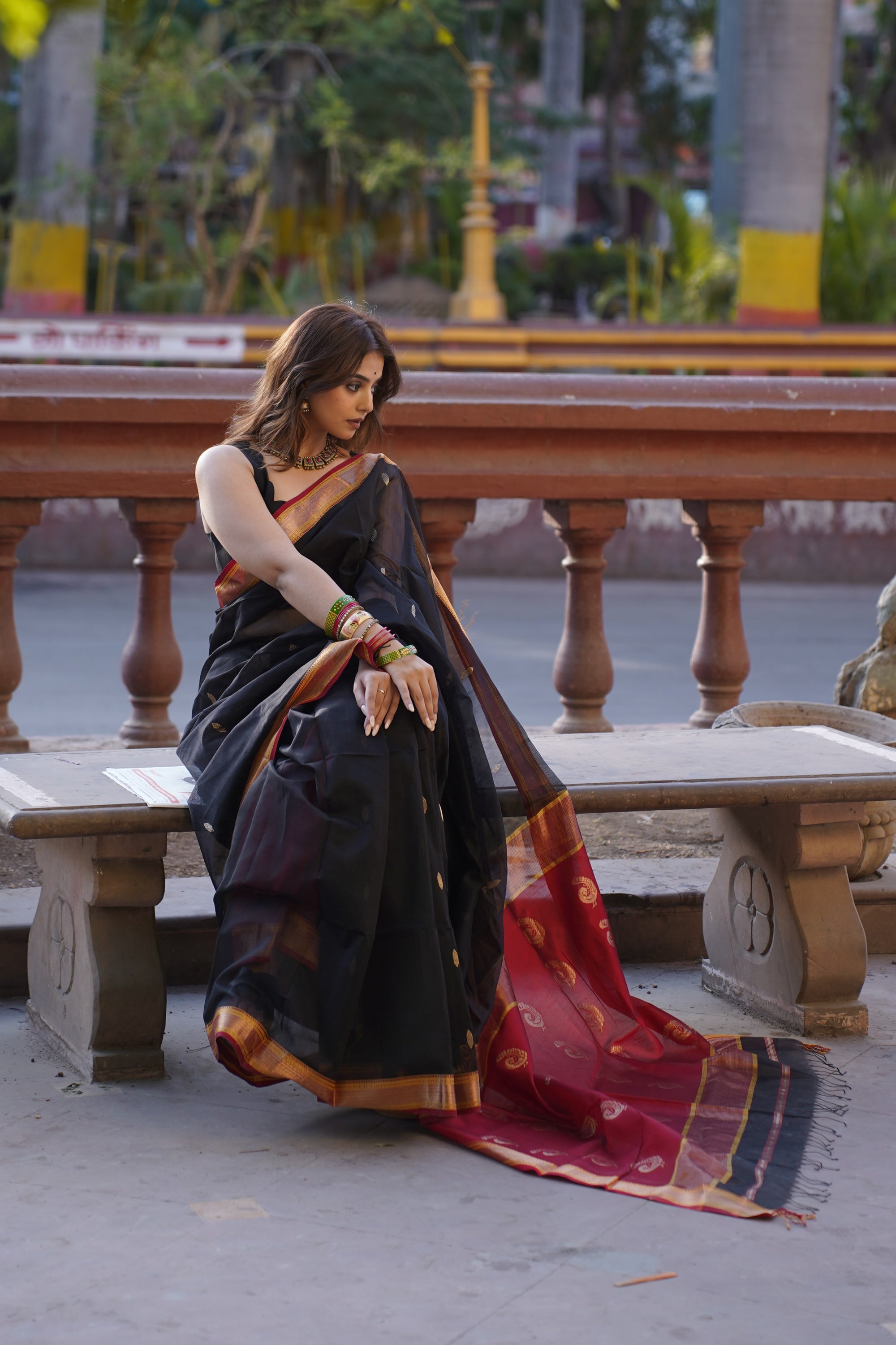 Black Maheshwari Handloom Cotton Silk Saree with Red Border