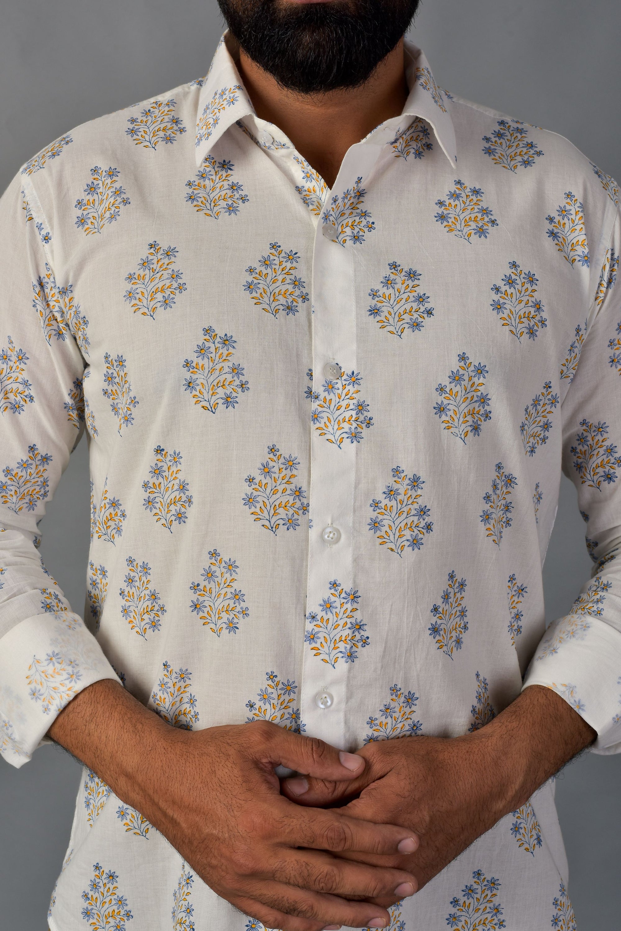 Blooming White Handblock Printed Shirt For Men