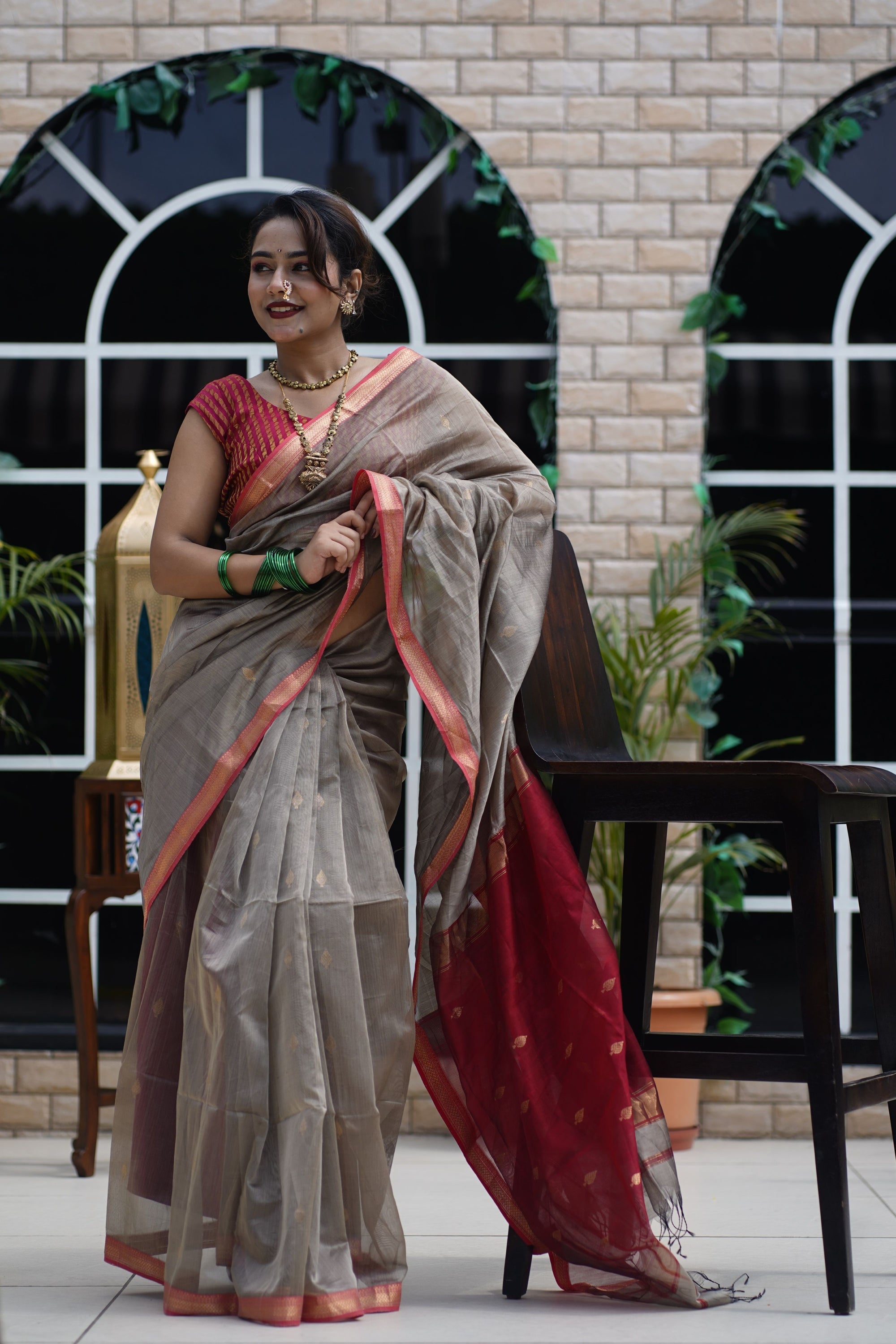 Beige Maheshwari Handloom Cotton Silk Saree with Red Border