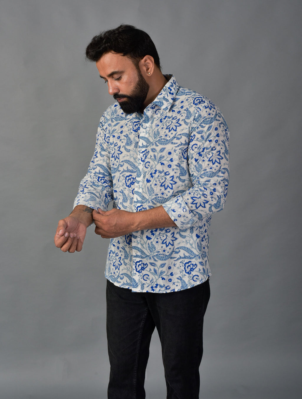 Soothing Blue Handblock Printed Shirt For Men