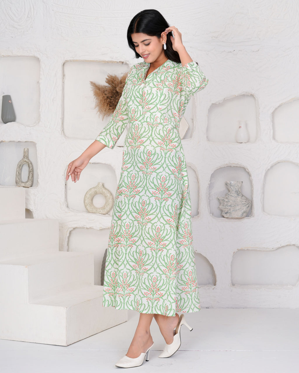 Hand Block Printed Graceful Green Dress