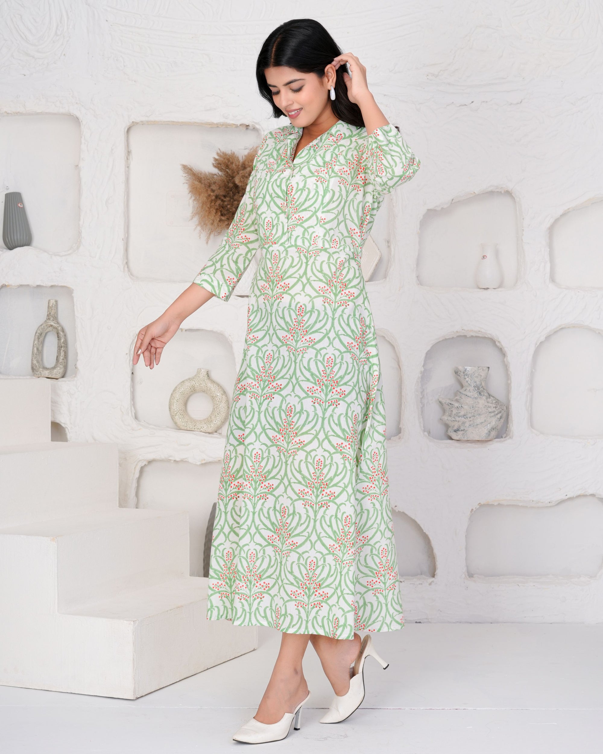 Hand Block Printed Graceful Green Dress