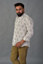 Blooming White Handblock Printed Shirt For Men