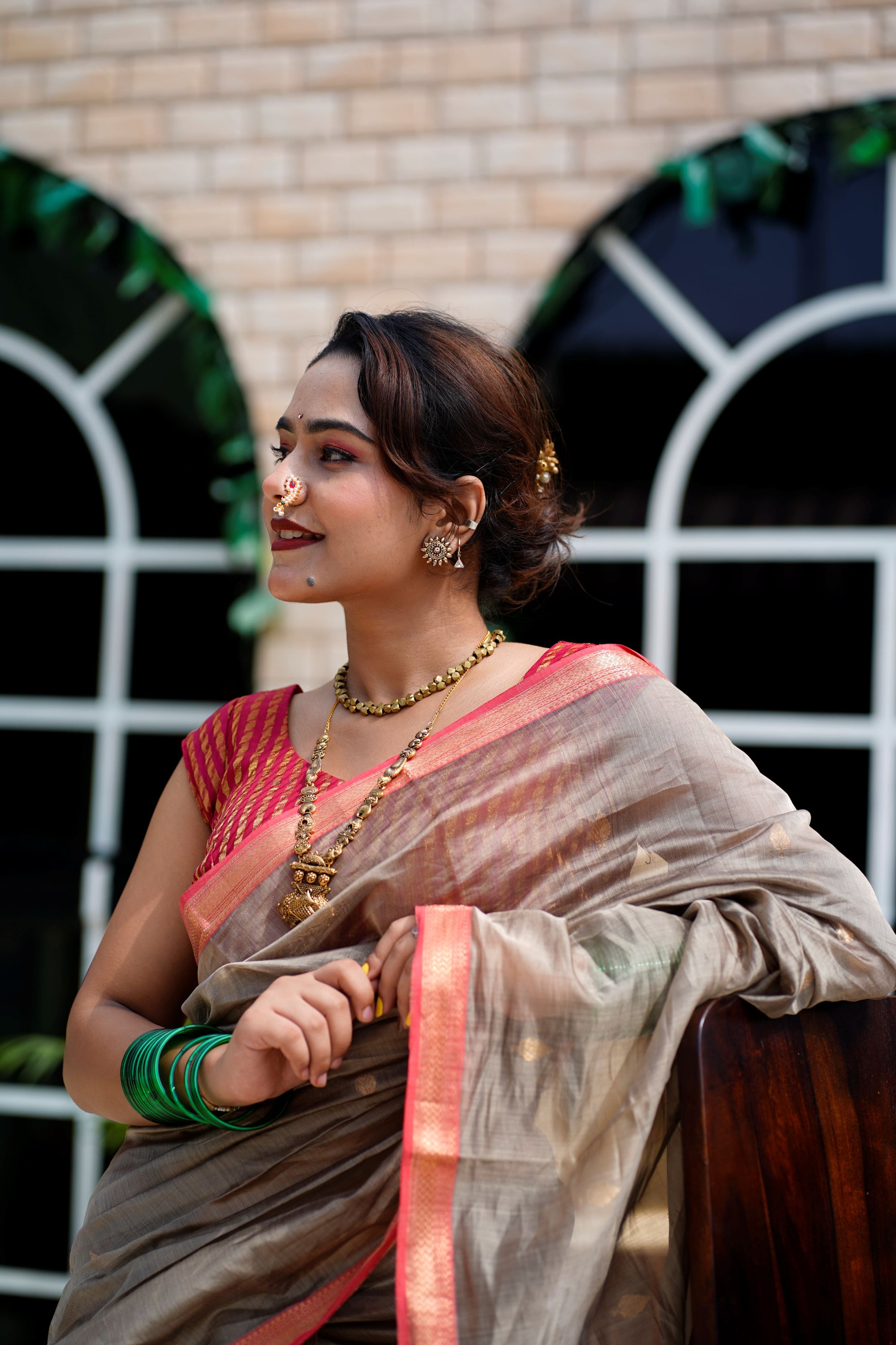 Beige Maheshwari Handloom Cotton Silk Saree with Red Border