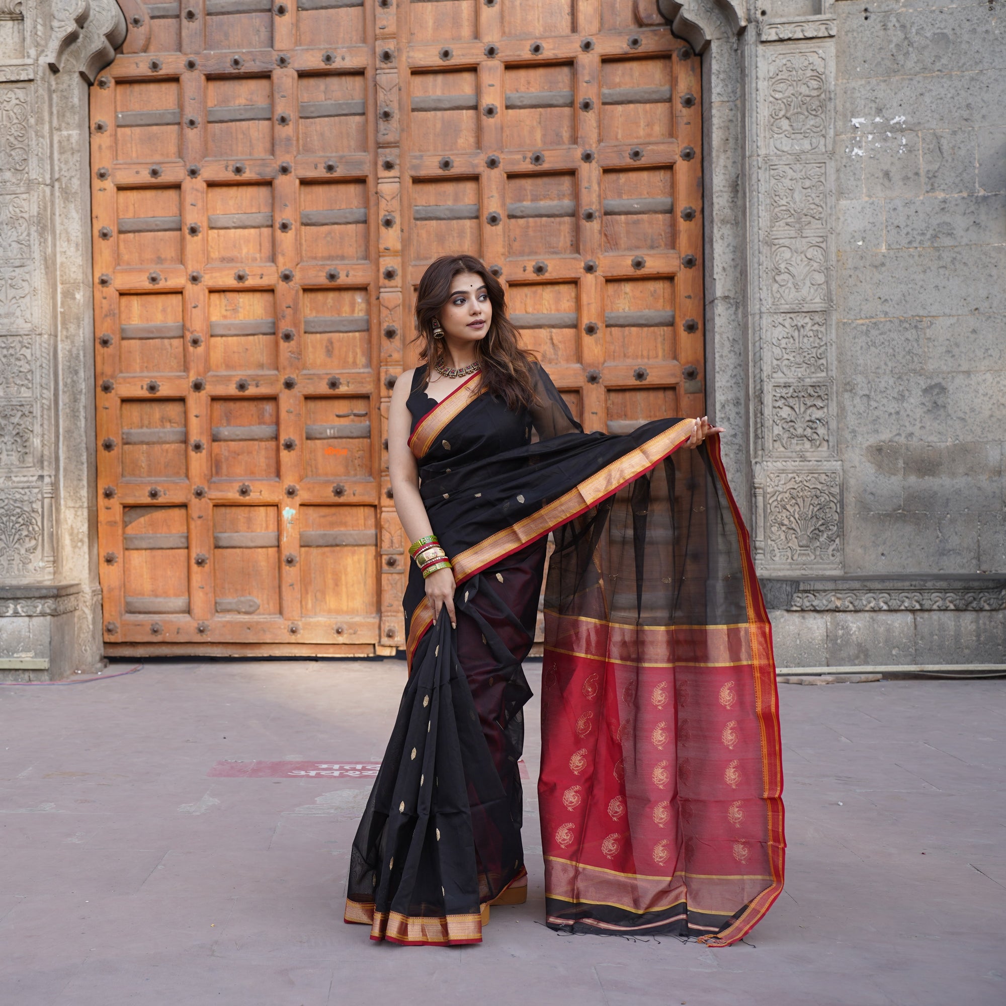 Black Maheshwari Handloom Cotton Silk Saree with Red Border