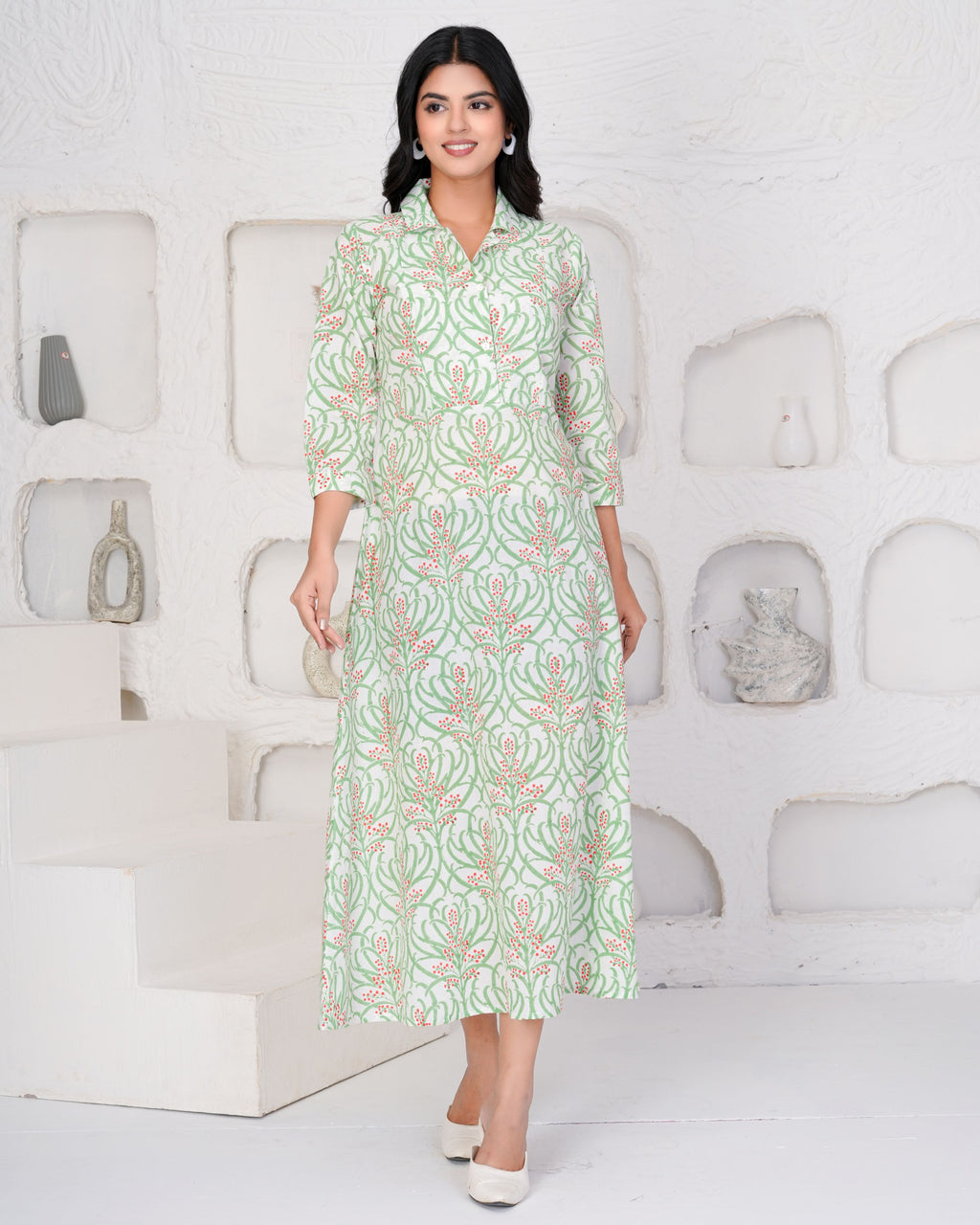 Hand Block Printed Graceful Green Dress