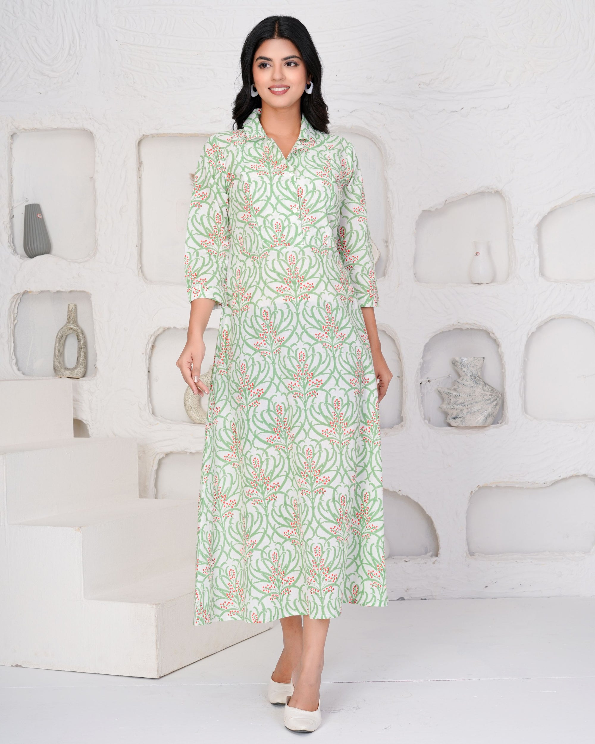 Hand Block Printed Graceful Green Dress