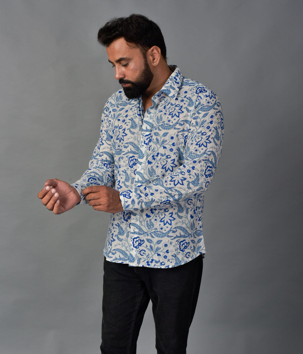 Soothing Blue Handblock Printed Shirt For Men