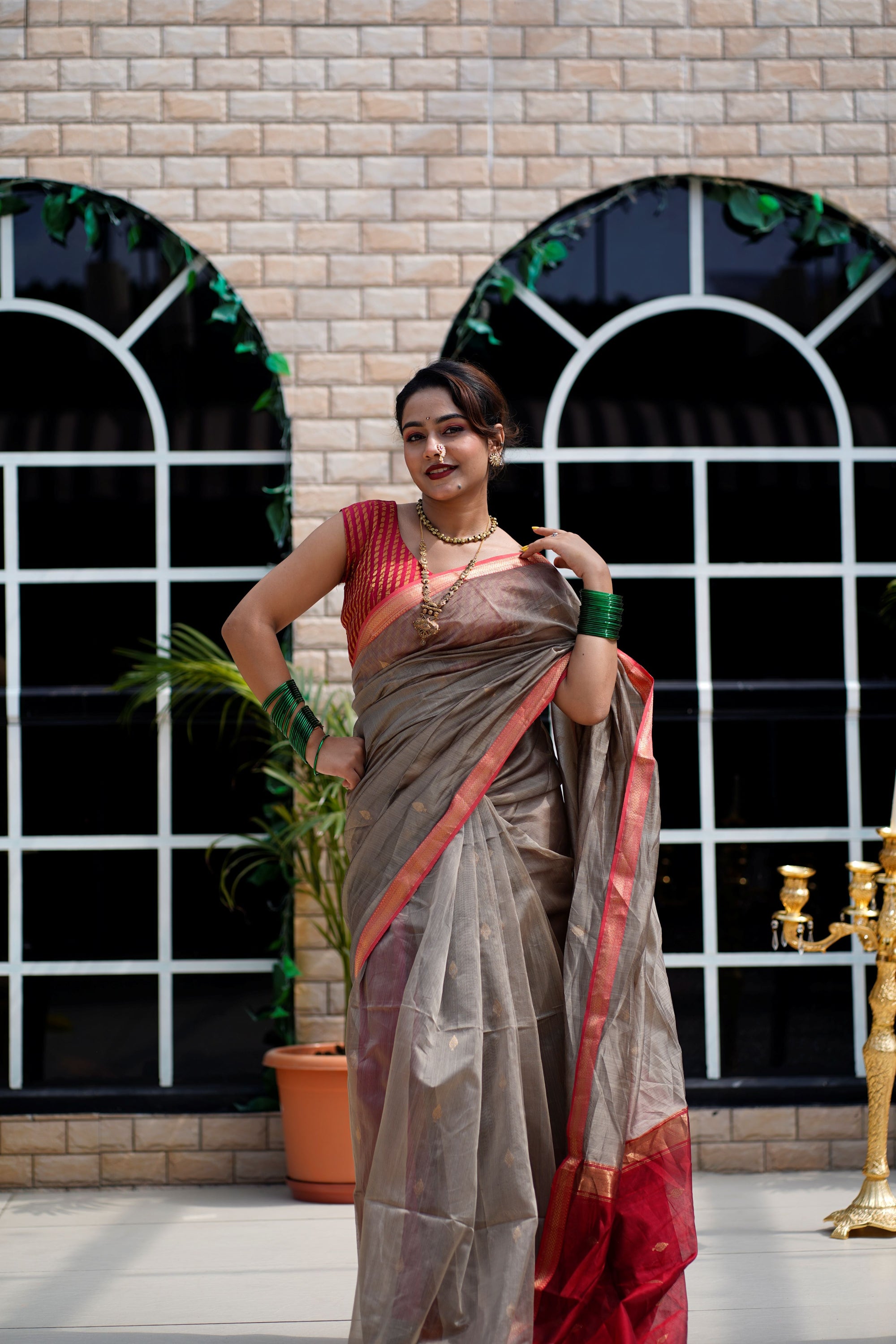 Beige Maheshwari Handloom Cotton Silk Saree with Red Border