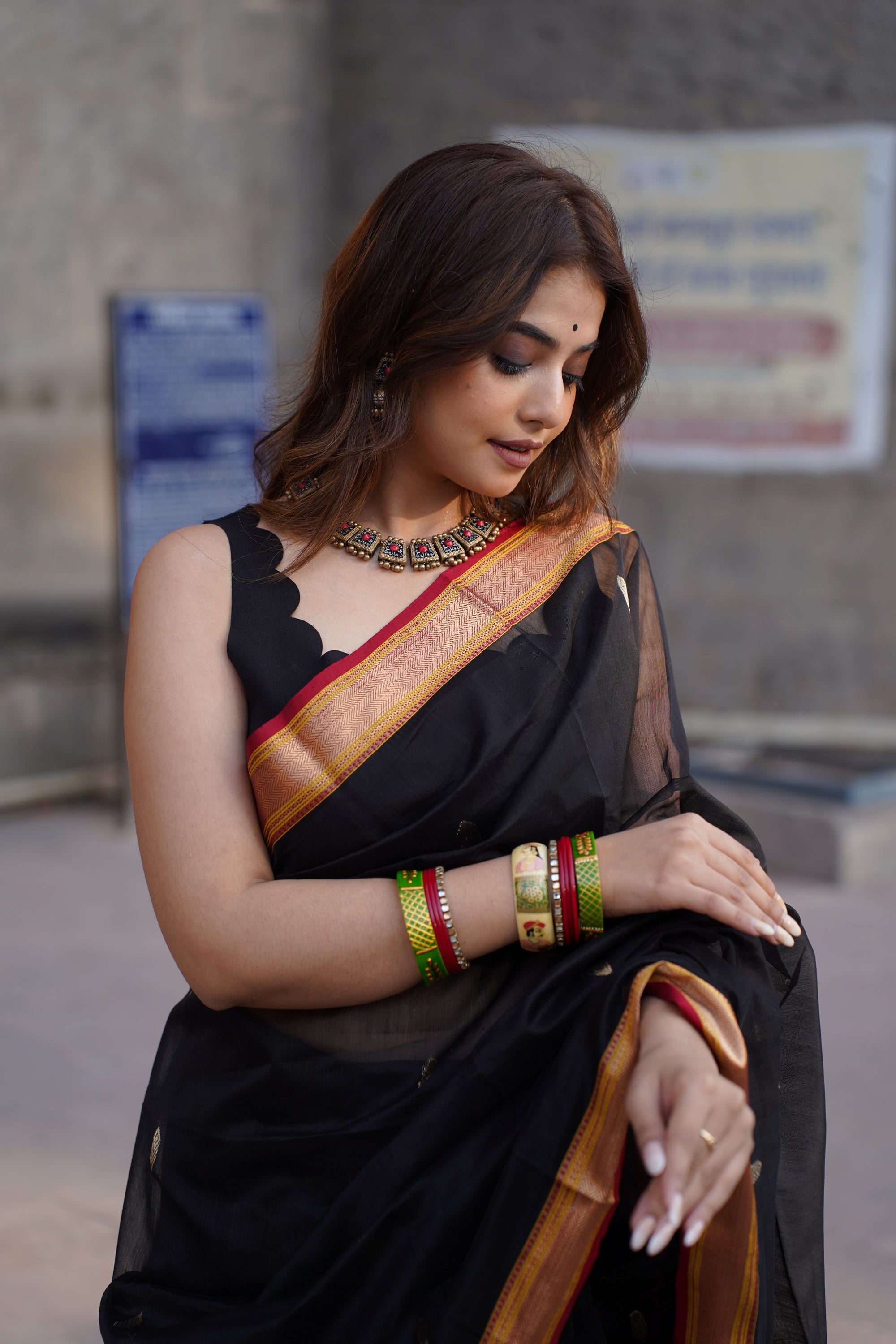 Black Maheshwari Handloom Cotton Silk Saree with Red Border