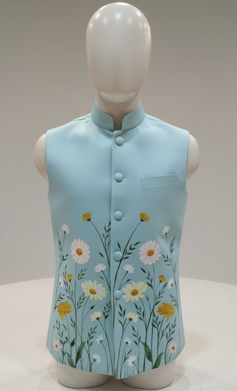 Hand-Painted Floral Nehru Jacket in Serene Powder Blue