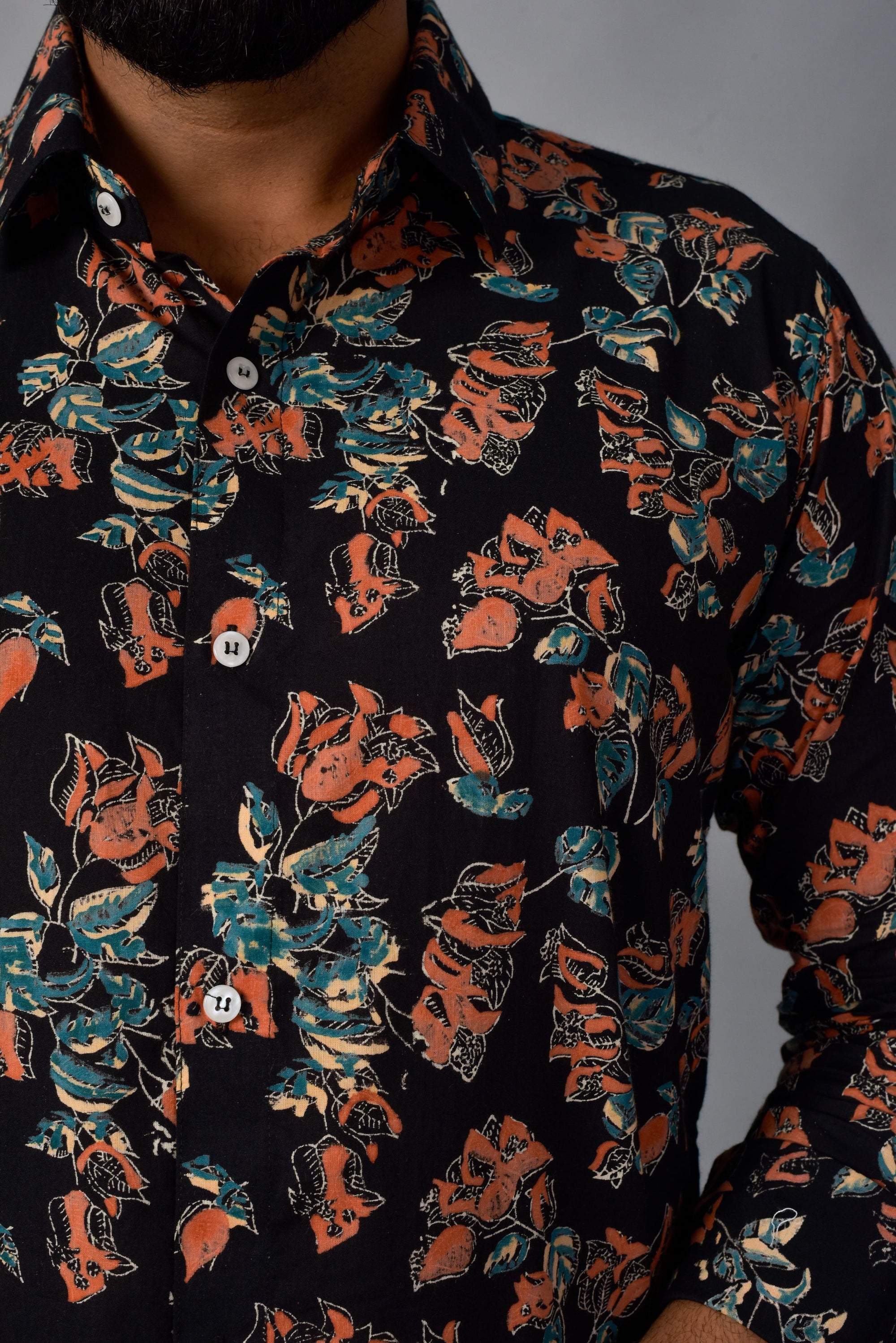 Playful Black Handblock Printed Shirt For Men