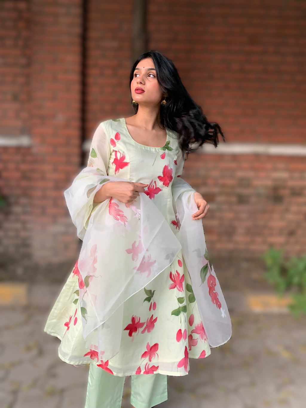 Hand Painted Floral Kurta Set with Sheer Dupatta