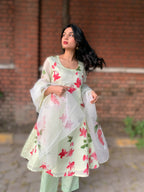 Hand Painted Floral Kurta Set with Sheer Dupatta