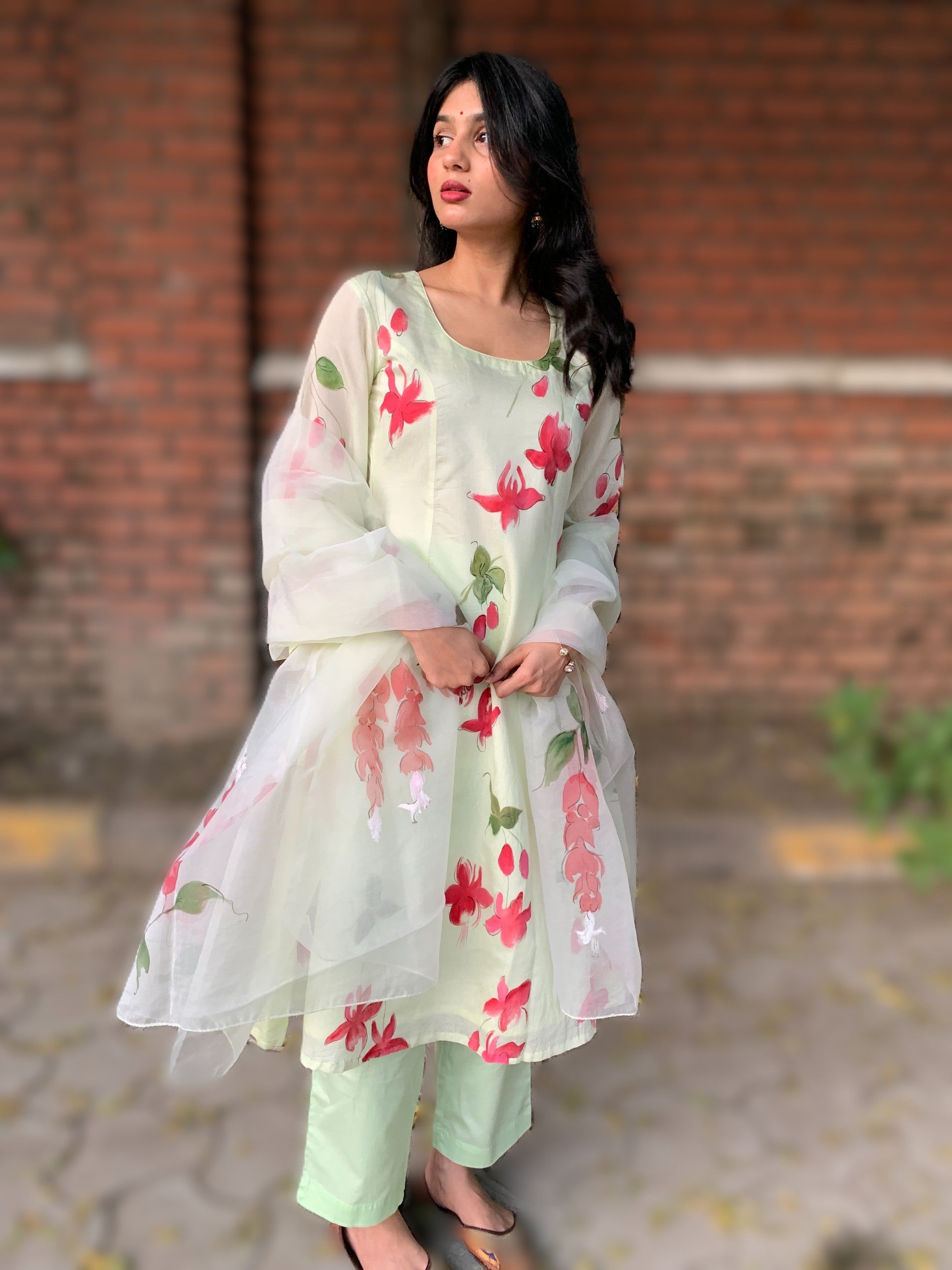 Hand Painted Floral Kurta Set with Sheer Dupatta
