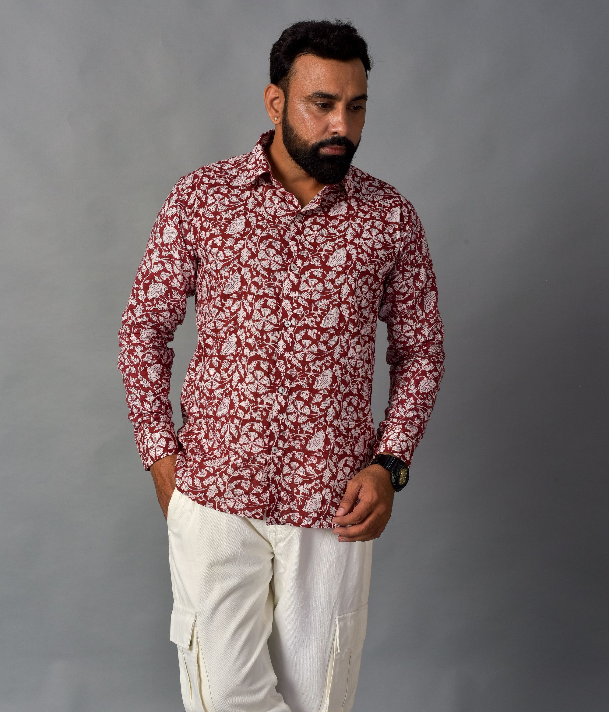 Earthy Red Handblock Printed Shirt For Men