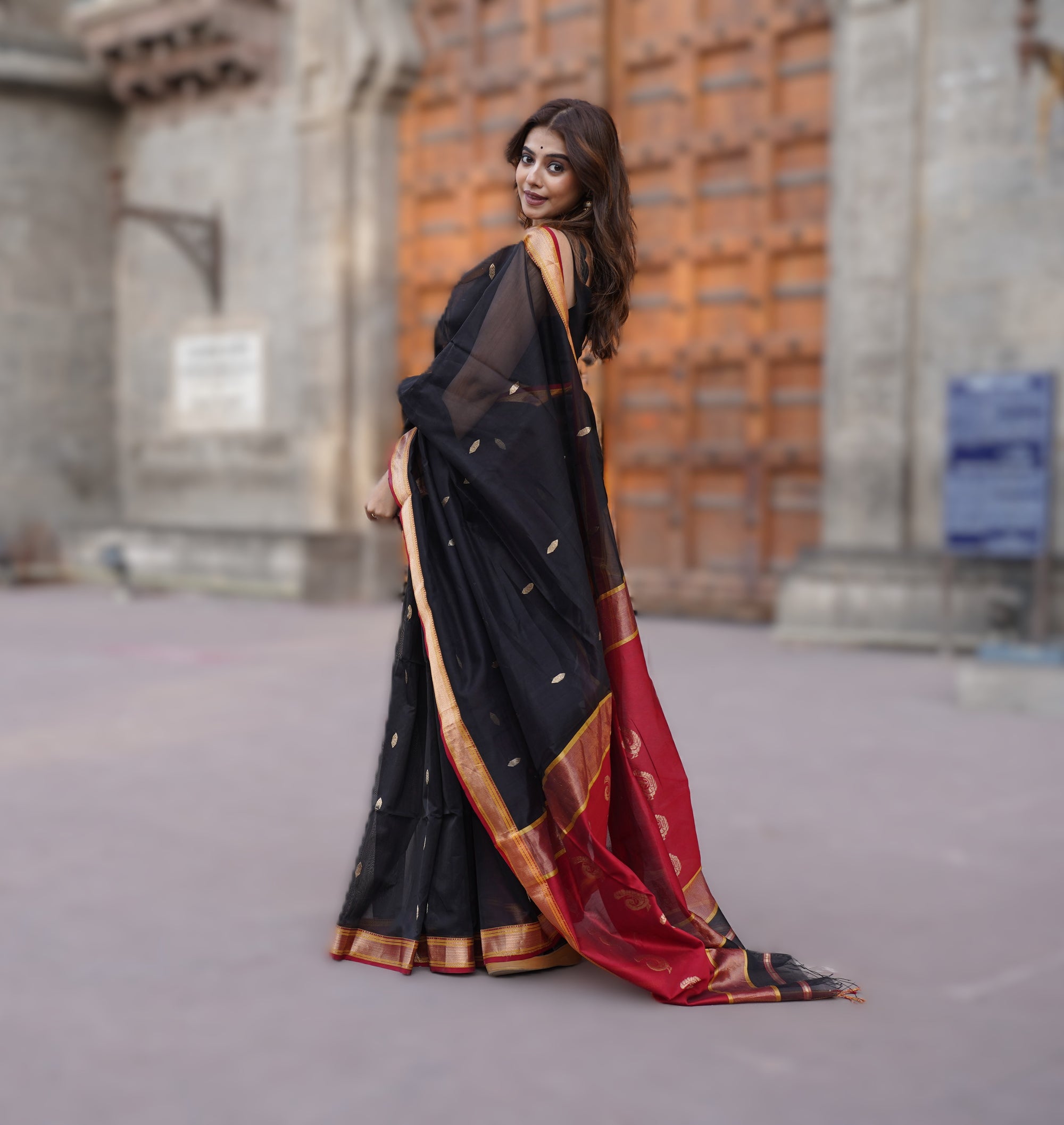 Black Maheshwari Handloom Cotton Silk Saree with Red Border