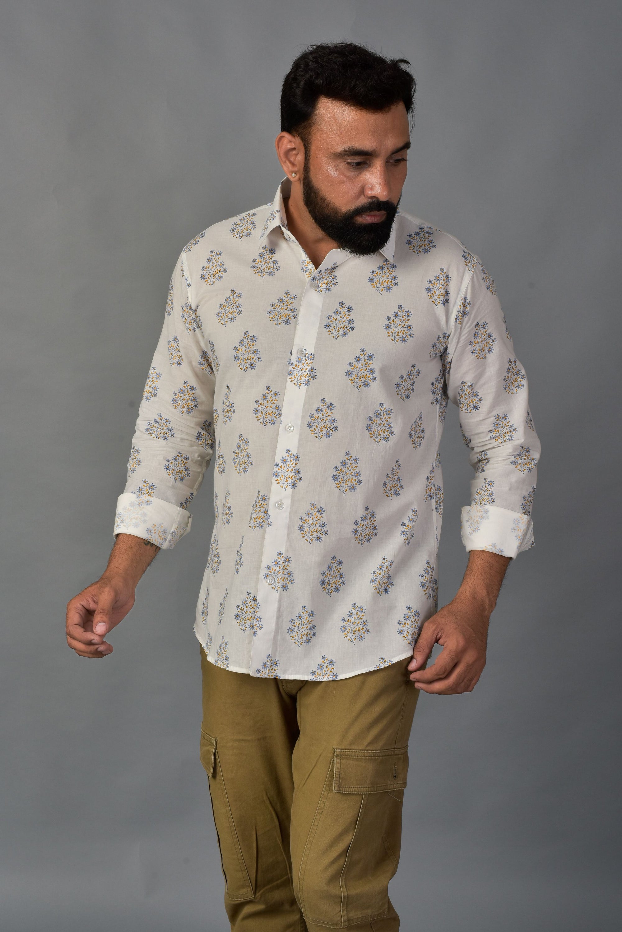 Blooming White Handblock Printed Shirt For Men