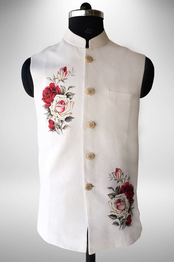 Hand-Painted Floral Silk Nehru Jacket in Ivory | Rose Art Waistcoat