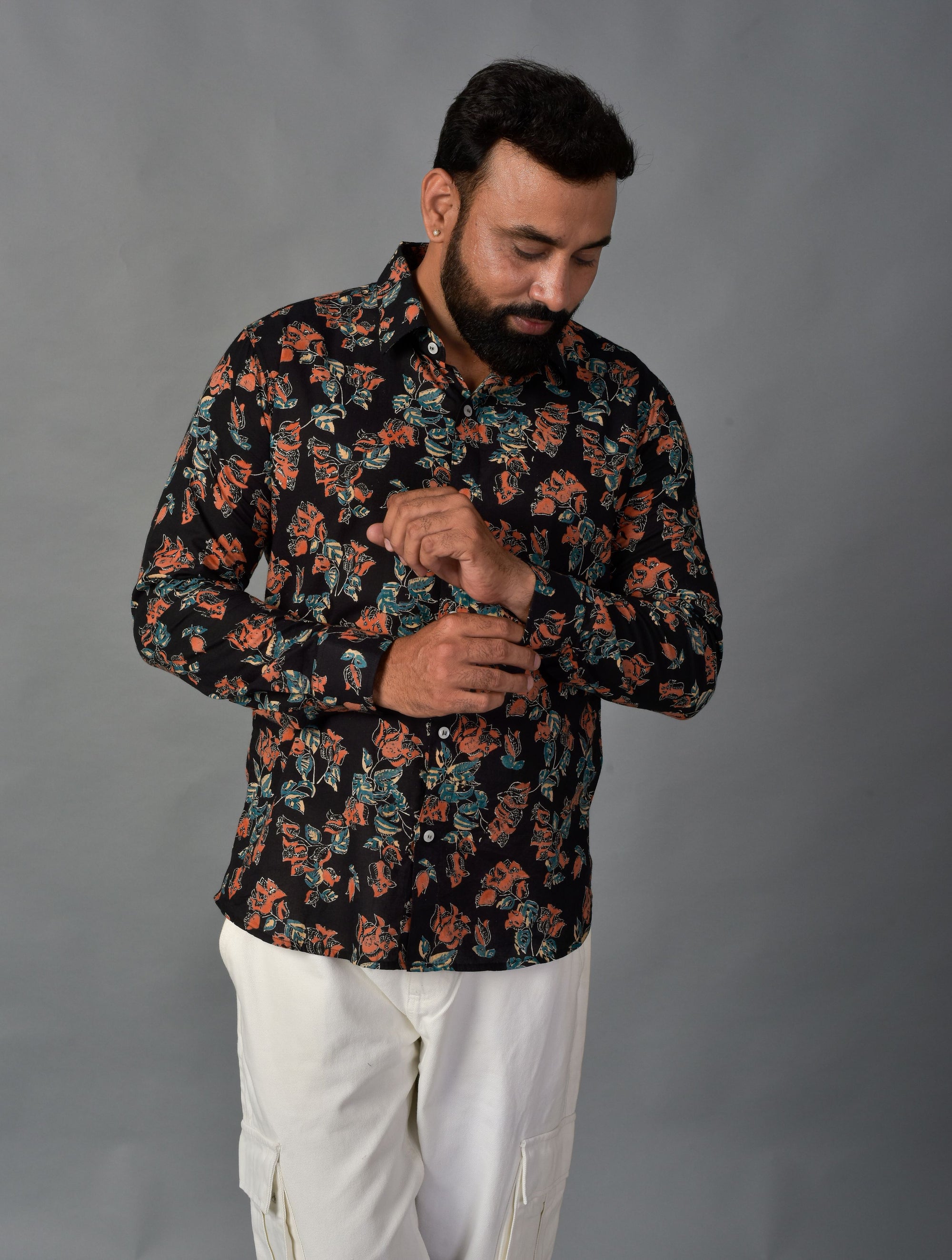 Playful Black Handblock Printed Shirt For Men