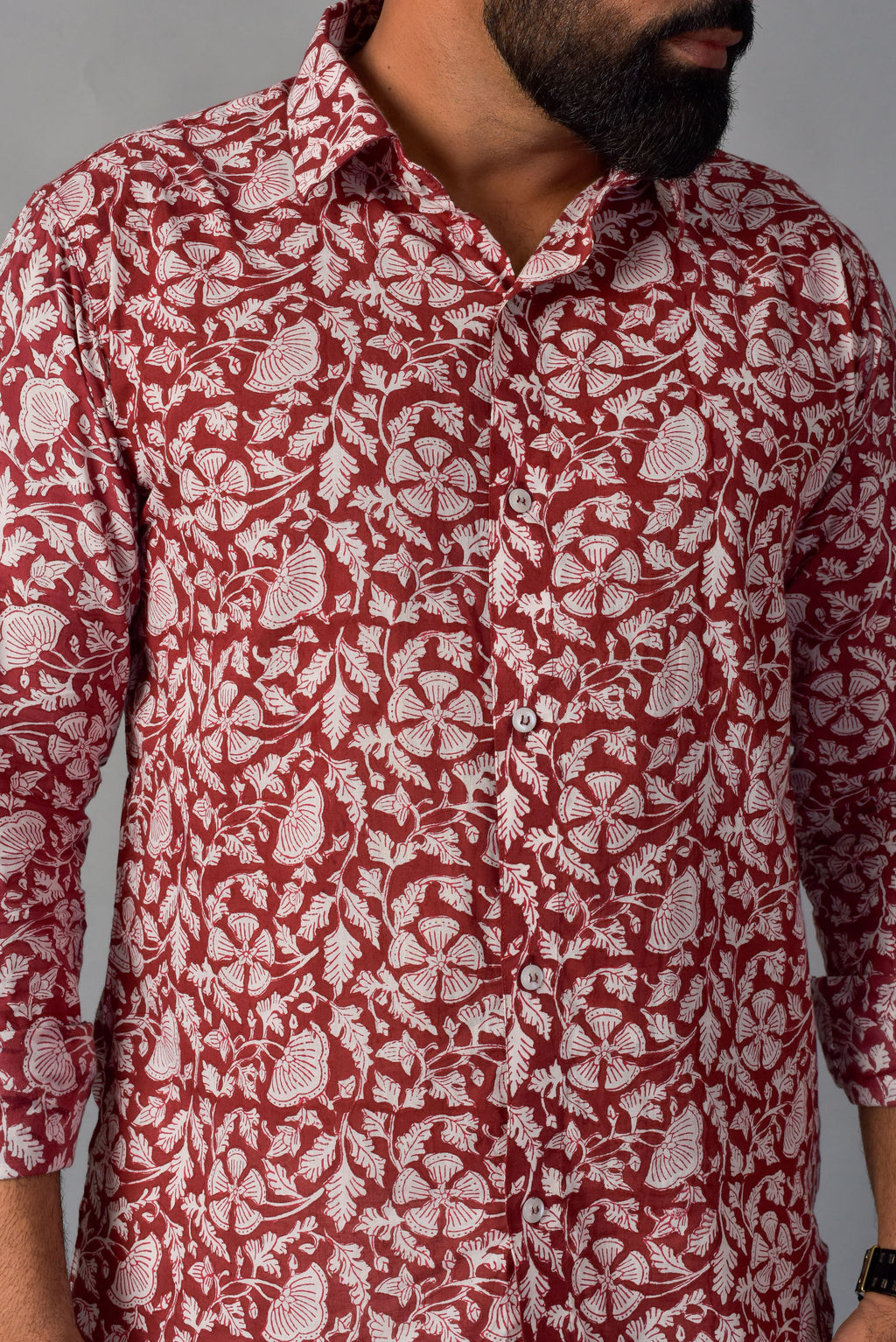 Earthy Red Handblock Printed Shirt For Men