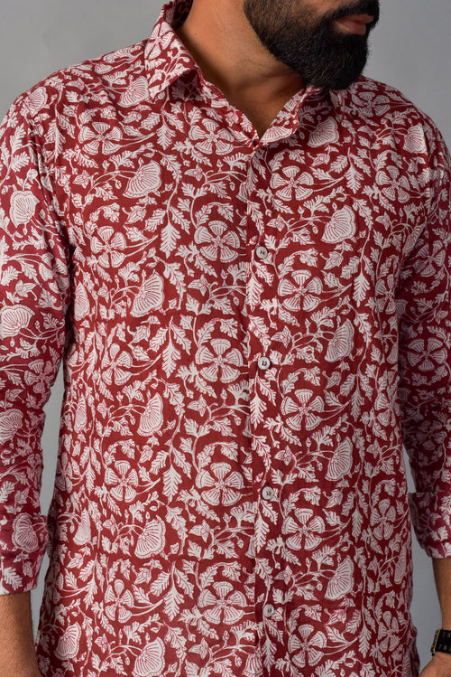 Earthy Red Handblock Printed Shirt For Men