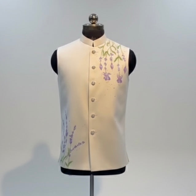 Hand-Painted Lavender Bloom Ivory Nehru Jacket