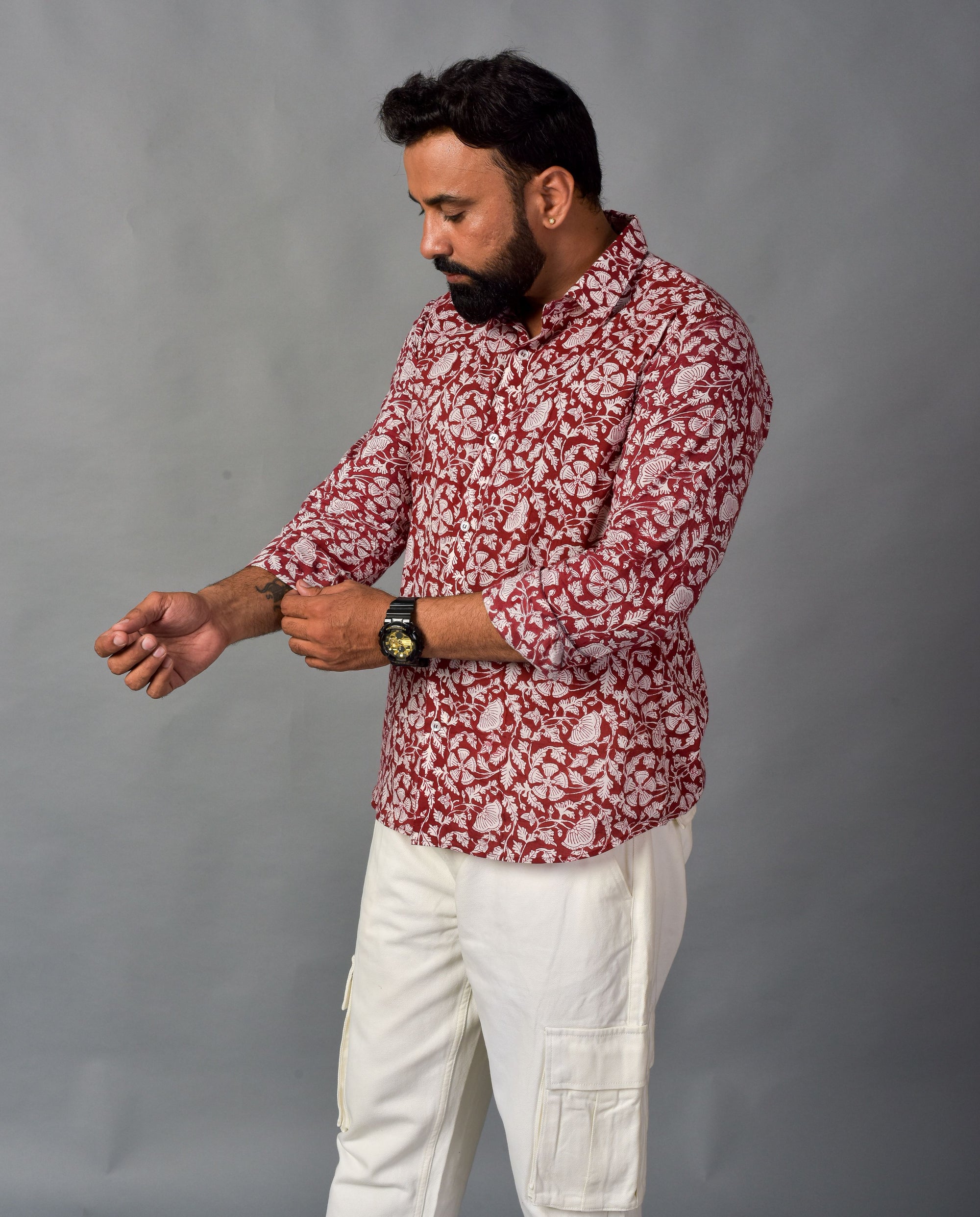 Earthy Red Handblock Printed Shirt For Men