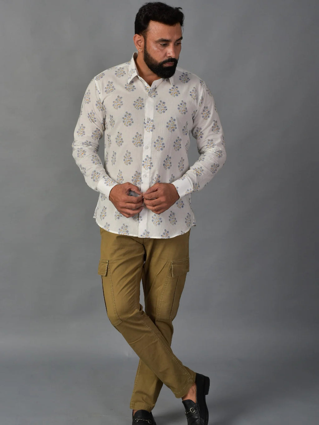 Blooming White Handblock Printed Shirt For Men