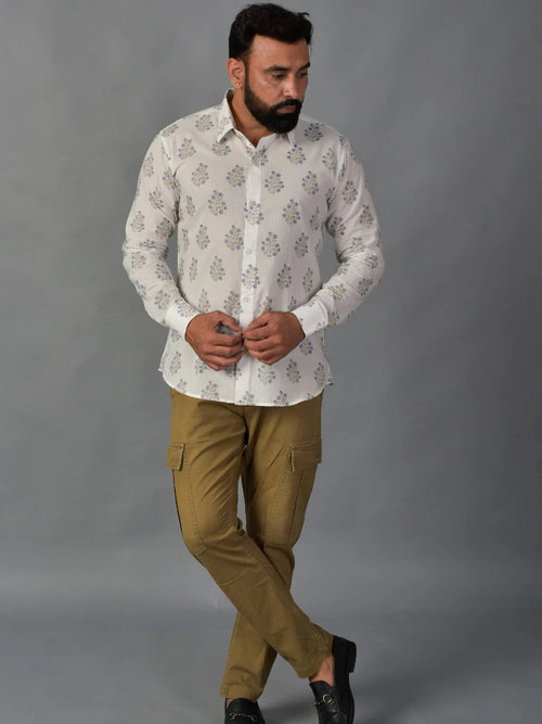 Blooming White Handblock Printed Shirt For Men