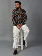 Playful Black Handblock Printed Shirt For Men