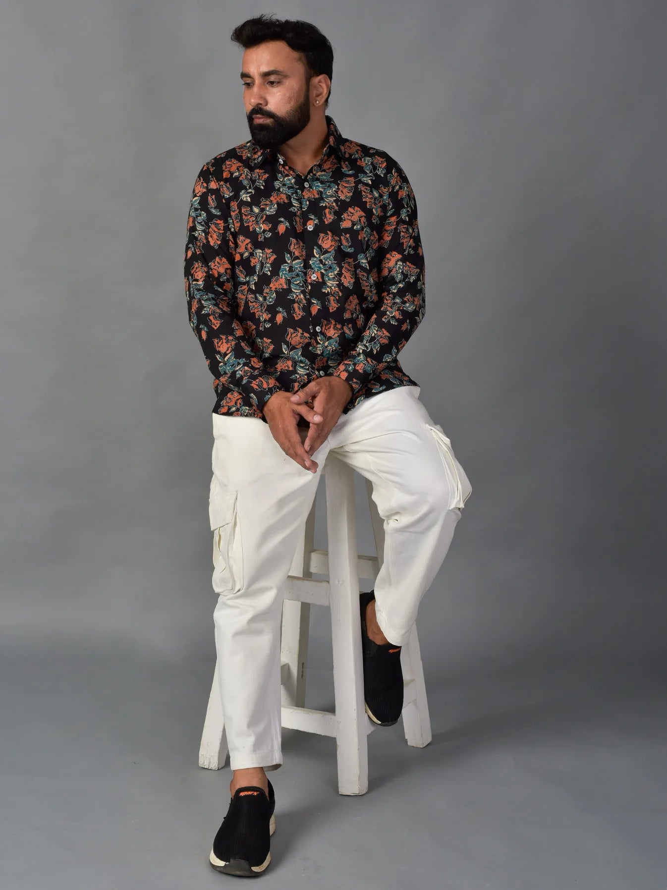 Playful Black Handblock Printed Shirt For Men