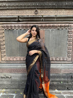 Handwoven Black & Rust Maheshwari Saree with Zari Border