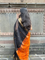 Handwoven Black & Rust Maheshwari Saree with Zari Border