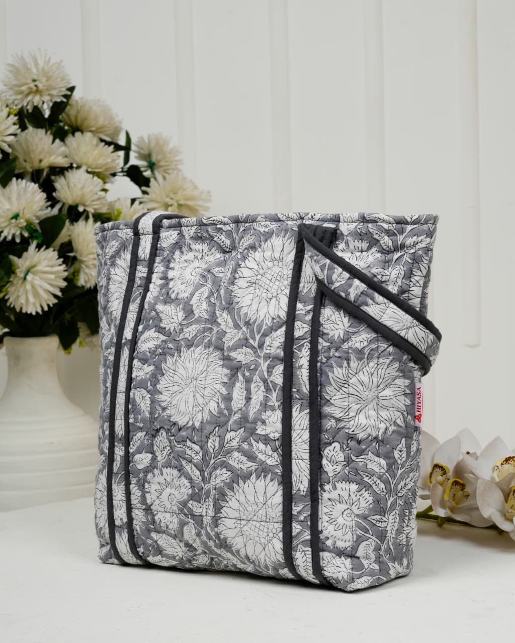 Elegant Grey Quilted Cotton Tote Bag