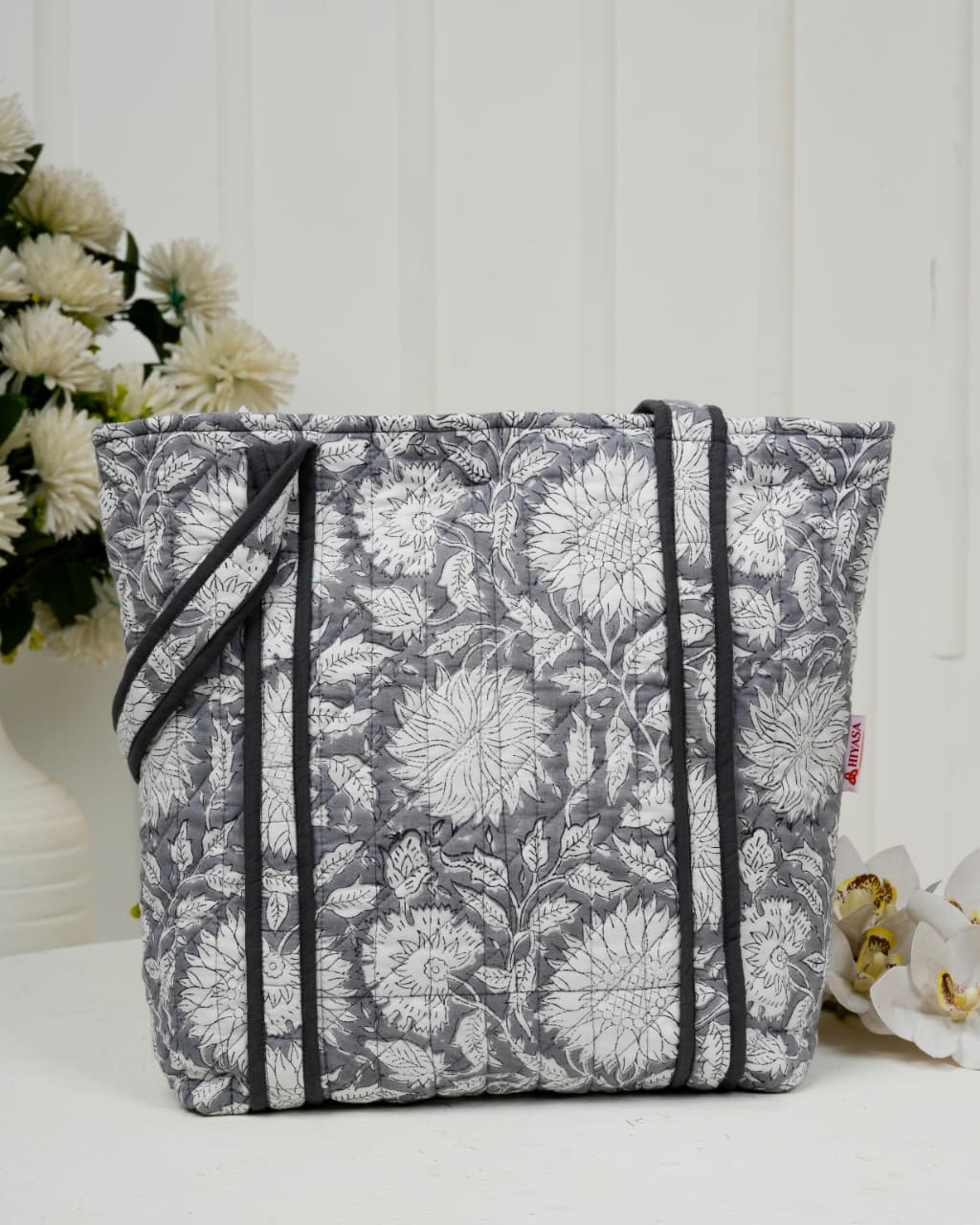 Elegant Grey Quilted Cotton Tote Bag