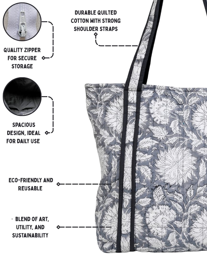 Elegant Grey Quilted Cotton Tote Bag