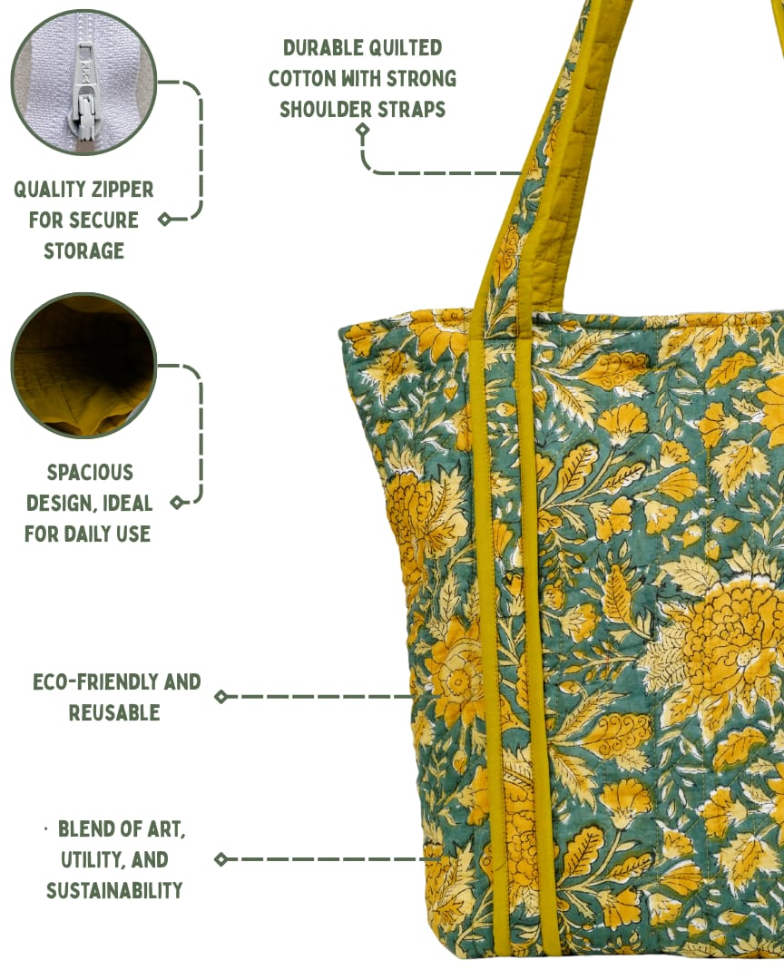 Soulful Mustard Floral Quilted Cotton Tote Bag