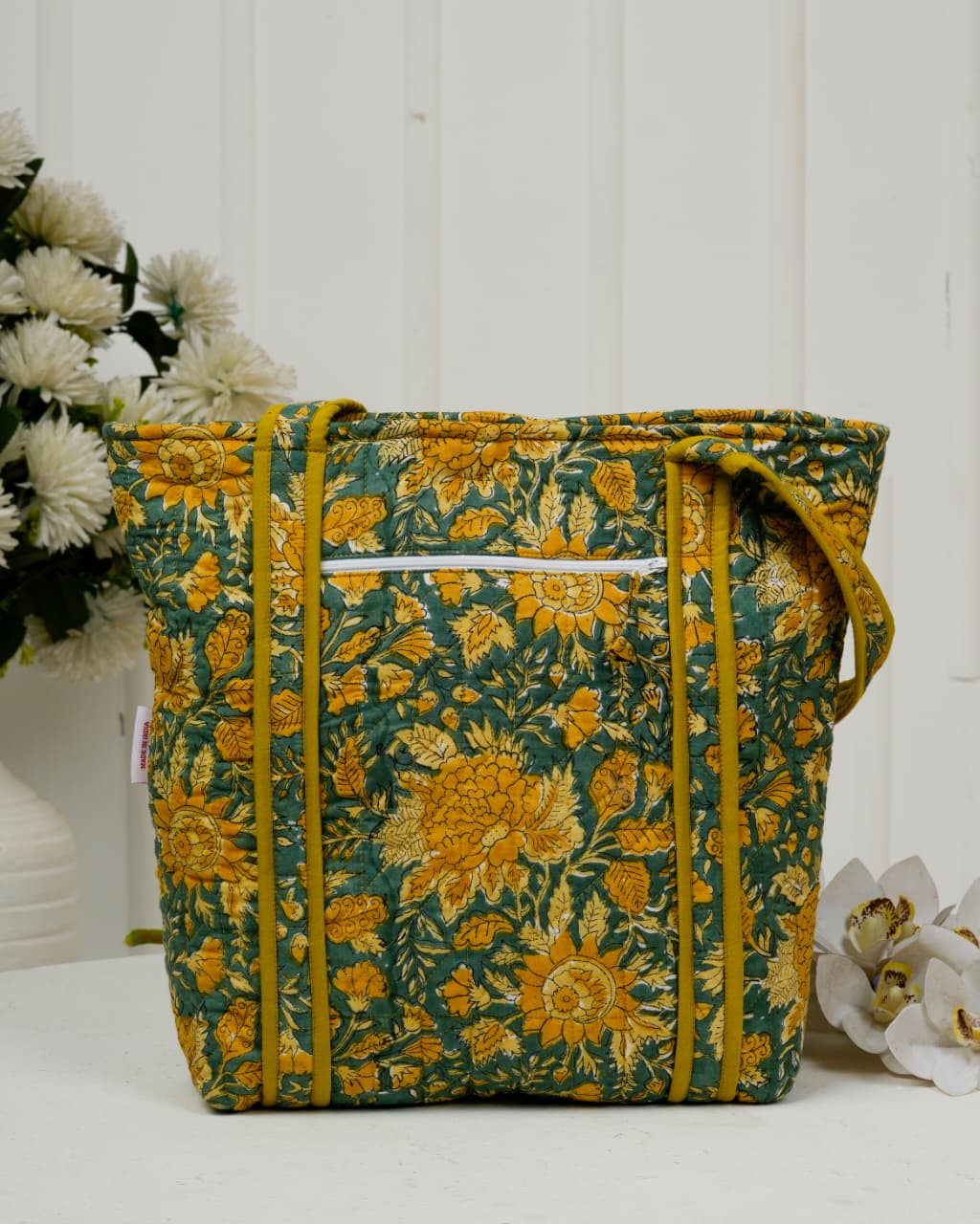 Soulful Mustard Floral Quilted Cotton Tote Bag