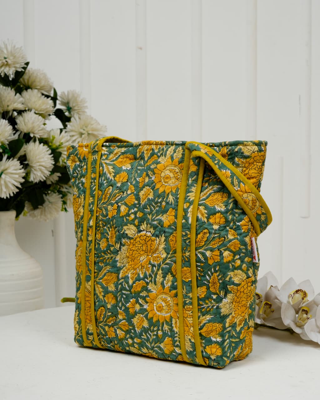 Soulful Mustard Floral Quilted Cotton Tote Bag